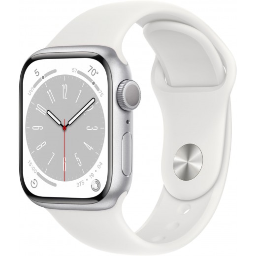 Apple Watch Series 8, 41 мм, корпус из алюминия серебристого цвета, спортивный ремешок белого цвета, размер S/M