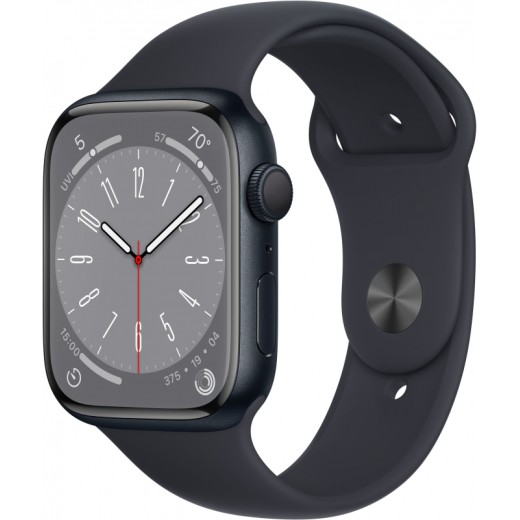 Apple Watch Series 8, 45 мм, корпус из алюминия цвета «тёмная ночь», спортивный ремешок цвета «тёмная ночь», размер M/L
