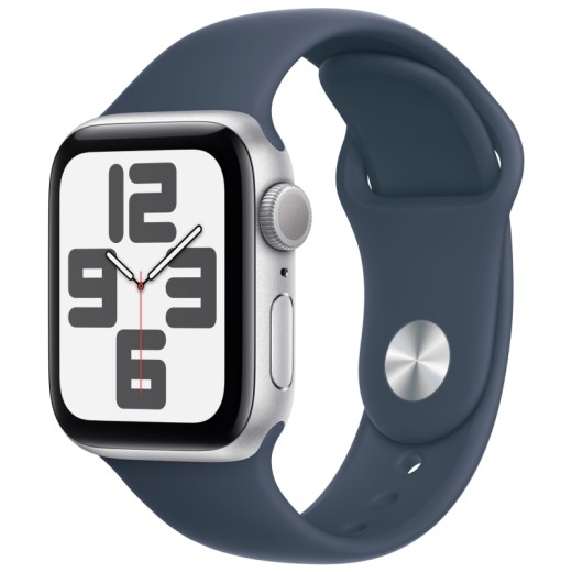 Apple Watch SE 2023, 44 мм, корпус из алюминия серебристого цвета, спортивный ремешок цвета «грозовой синий», размер M/L