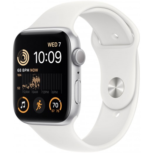 Apple Watch SE 2022, 40 мм, корпус из алюминия серебристого цвета, спортивный ремешок белого цвета, размер S/M