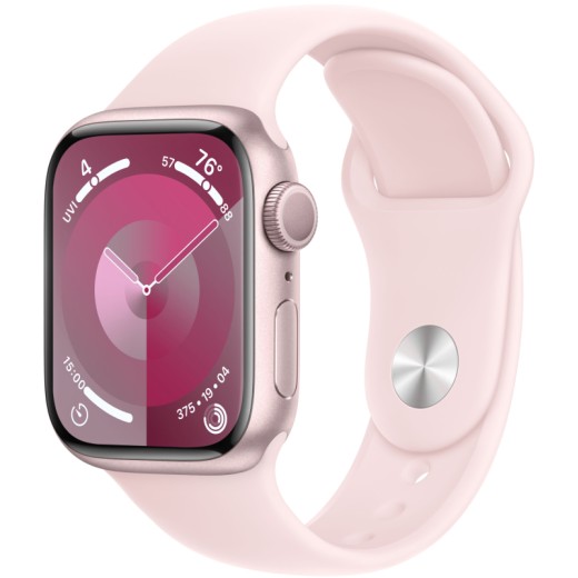 Apple Watch Series 9, 45 мм, корпус из алюминия розового цвета, спортивный ремешок розового цвета, размер M/L