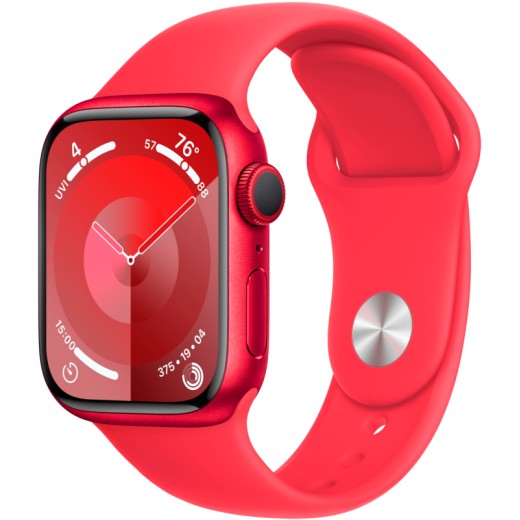 Apple Watch Series 9, 41 мм, корпус из алюминия красного цвета, спортивный ремешок красного цвета, размер S/M