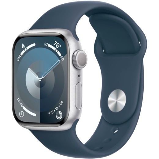 Apple Watch Series 9, 45 мм, корпус из алюминия серебристого цвета, спортивный ремешок цвета "грозовой синий", размер M/L