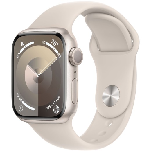 Apple Watch Series 9, 45 мм, корпус из алюминия цвета "сияющая звезда", спортивный ремешок цвета "сияющая звезда", размер M/L